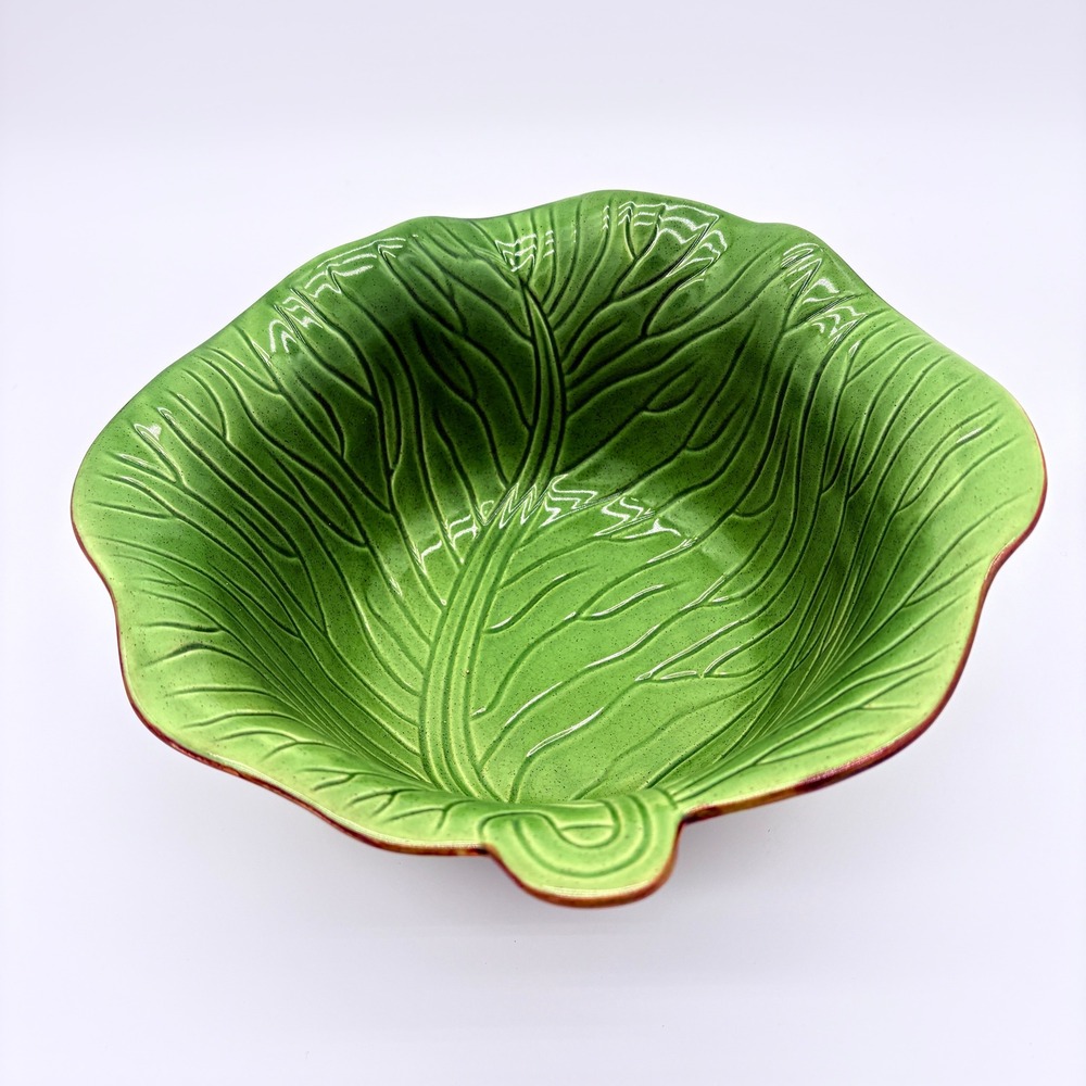 WCL Green Cabbage Leaf Ceramic Serving Bowl Embossed Botanical Scalloped Rim